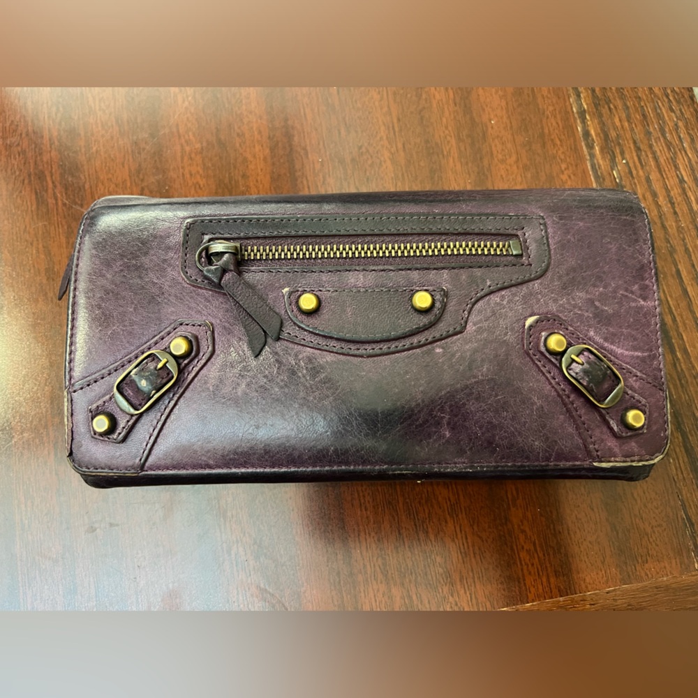 BALENCIAGA Purple Leather Wallet with Gold Accents